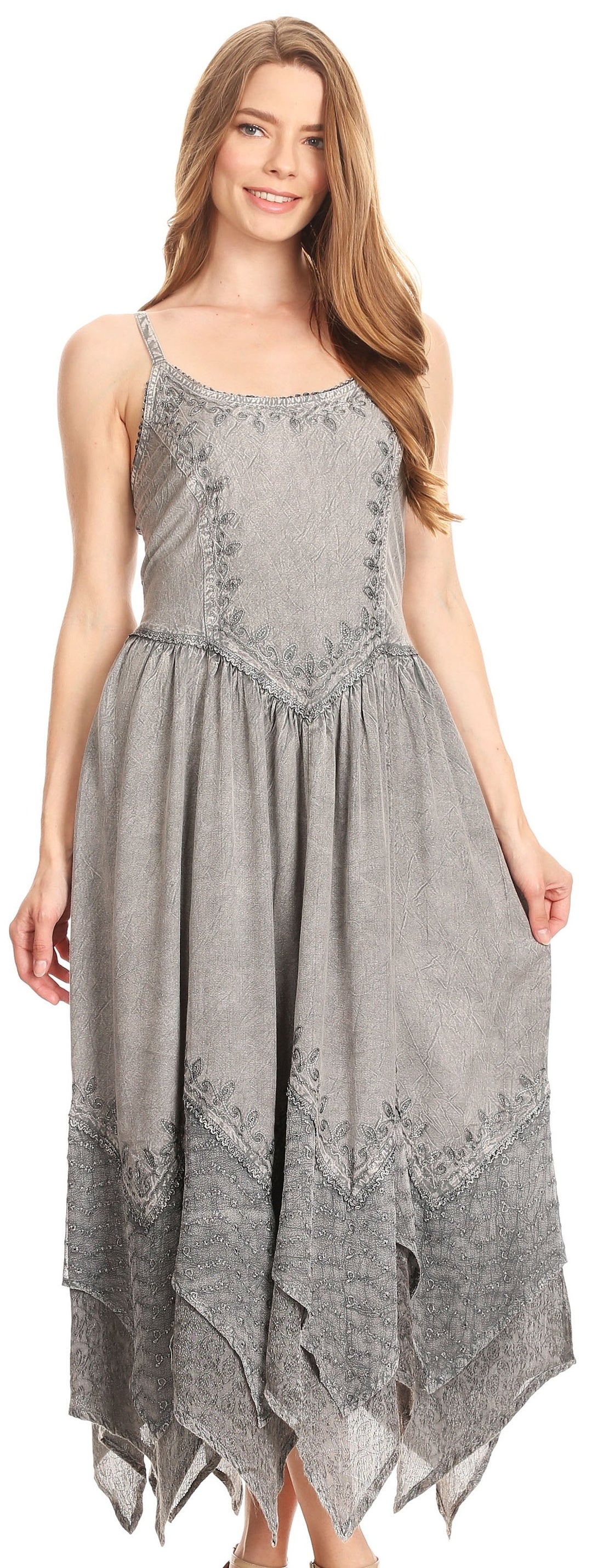 Sakkas Rayon Embroidered Stonewashed Adjustable Spaghetti Straps Long Dress L/XL / Grey