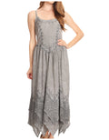 Sakkas Rayon Embroidered Stonewashed Adjustable Spaghetti Straps Long Dress#color_Grey