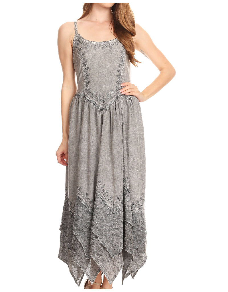 Sakkas Rayon Embroidered Stonewashed Adjustable Spaghetti Straps Long Dress