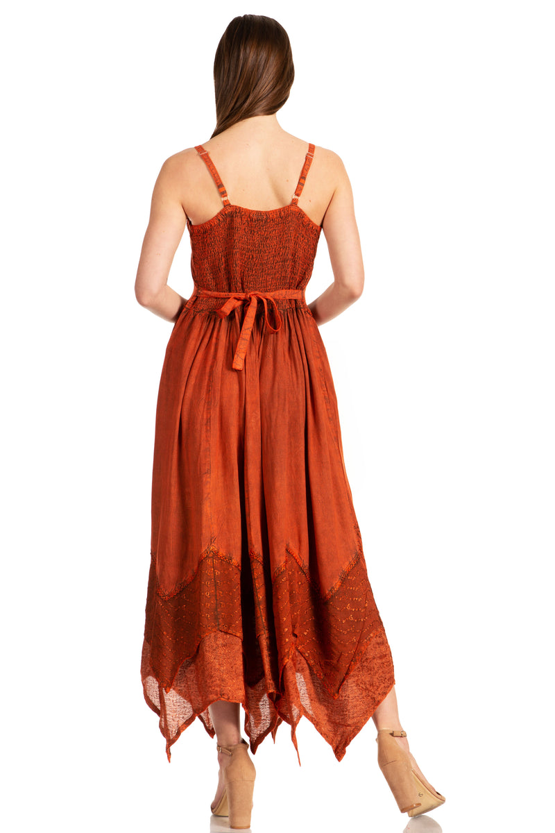 Sakkas Rayon Embroidered Stonewashed Adjustable Spaghetti Straps Long Dress