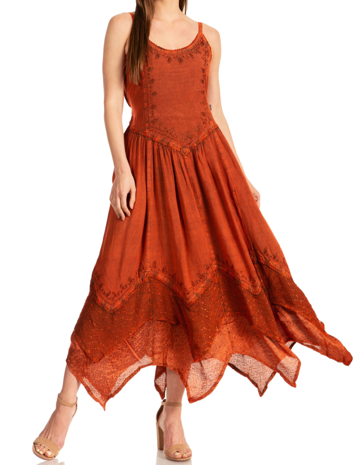 sakkas stonewashed rayon embroidered adjustable spaghetti straps long dress Boho Embroidered Mini Dress