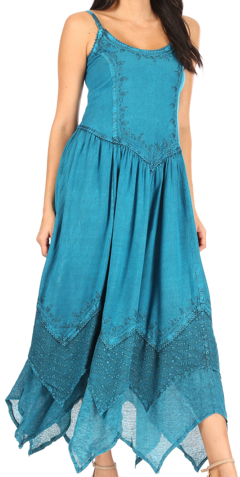 Sakkas Rayon Embroidered Stonewashed Adjustable Spaghetti Straps Long Dress