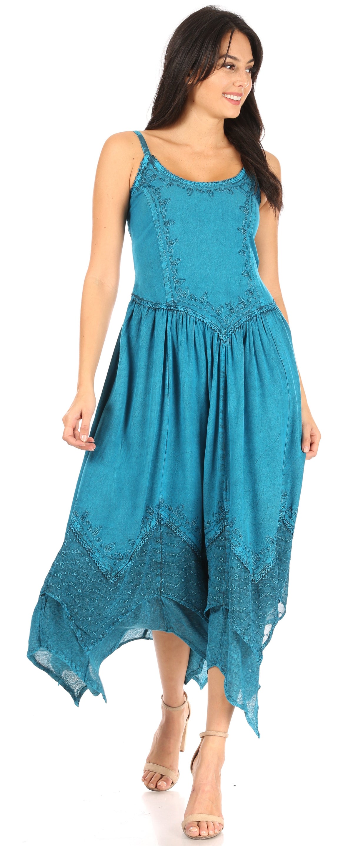 Sakkas Rayon Embroidered Stonewashed Adjustable Spaghetti Straps Long Dress S/M / Turquoise