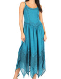 Sakkas Rayon Embroidered Stonewashed Adjustable Spaghetti Straps Long Dress#color_Turquoise