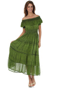 Sakkas Stonewashed Off Shoulder Crepe Hem Peasant Dress#color_Green