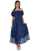 Sakkas Stonewashed Off Shoulder Crepe Hem Peasant Dress#color_Navy