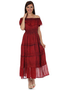 Sakkas Stonewashed Off Shoulder Crepe Hem Peasant Dress#color_Red