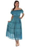Sakkas Stonewashed Off Shoulder Crepe Hem Peasant Dress#color_Turquoise