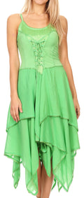 Sakkas Lady Mary Jacquard Corset Style Bodice Lightweight Handkerchief Hem Dress#color_limegreen