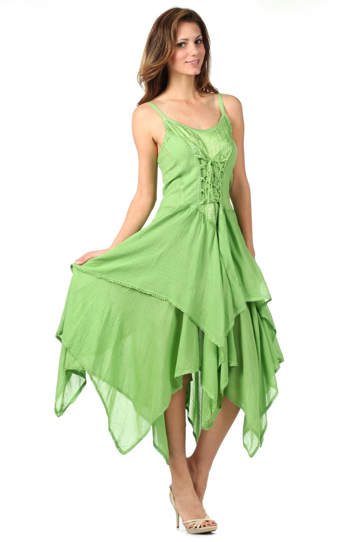 Sakkas Lady Mary Jacquard Corset Style Bodice Lightweight Handkerchief Hem Dress One Size / SpringGreen
