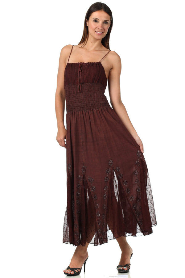 Sakkas Princess Embroidered Crepe Inlay Full Circle Skirt Dress#color_Chocolate
