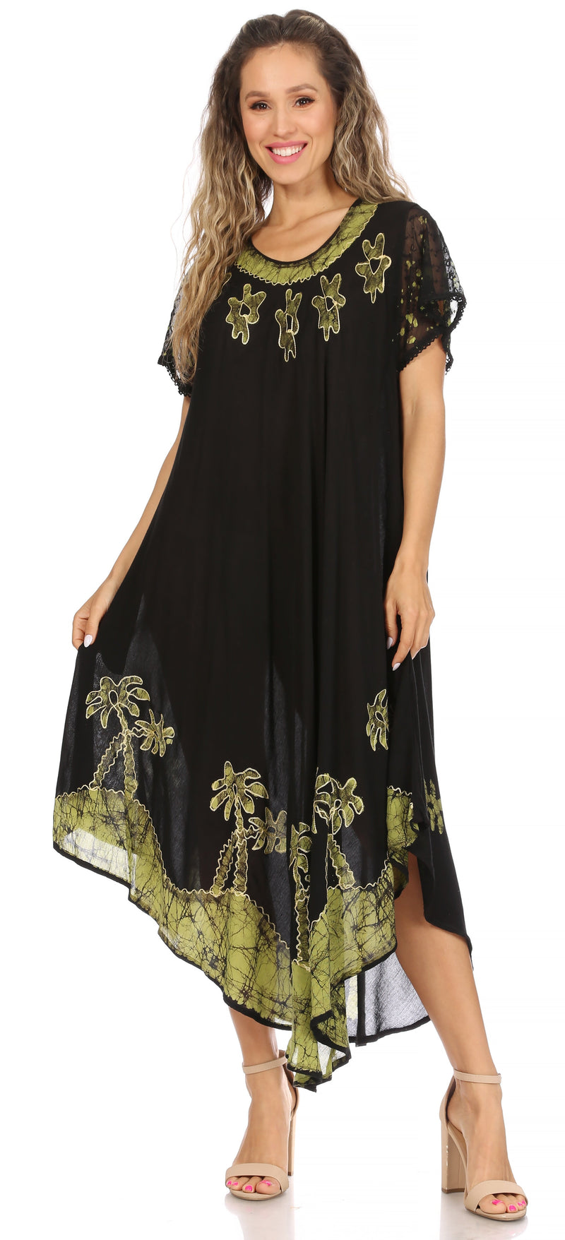 Sakkas Batik Palm Tree Cap Sleeve Caftan Dress / Cover Up