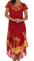 Sakkas Batik Palm Tree Cap Sleeve Caftan Dress / Cover Up#color_Red/Gold