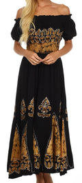 Sakkas Batik Fleur De Lis Embroidered Peasant Dress#color_Black/Camel
