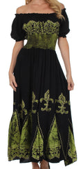 Sakkas Batik Fleur De Lis Embroidered Peasant Dress#color_Black/Green