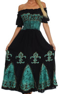 Sakkas Batik Fleur De Lis Embroidered Peasant Dress#color_Black/Mint