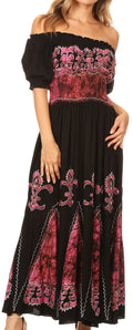 Sakkas Batik Fleur De Lis Embroidered Peasant Dress#color_Black/Pink