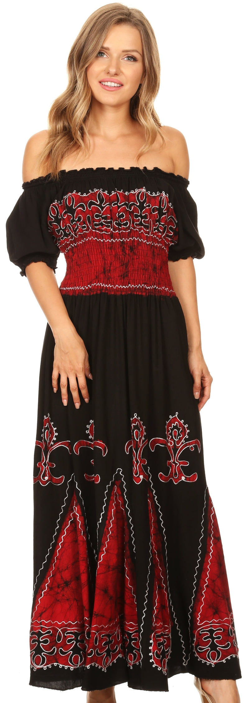 Sakkas Batik Fleur De Lis Embroidered Peasant Dress