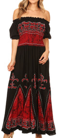 Sakkas Batik Fleur De Lis Embroidered Peasant Dress#color_Black/Red