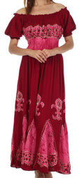 Sakkas Batik Fleur De Lis Embroidered Peasant Dress#color_Burgundy/Fuchsia