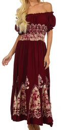 Sakkas Batik Fleur De Lis Embroidered Peasant Dress#color_Cabernet