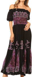 Sakkas Batik Fleur De Lis Embroidered Peasant Dress#color_Eggplant