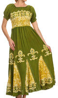 Sakkas Batik Fleur De Lis Embroidered Peasant Dress#color_Green