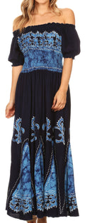 Sakkas Batik Fleur De Lis Embroidered Peasant Dress#color_Navy/Blue