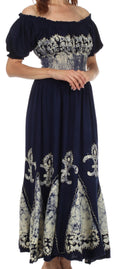 Sakkas Batik Fleur De Lis Embroidered Peasant Dress#color_Navy/Cream