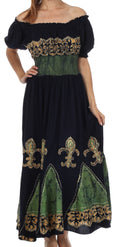 Sakkas Batik Fleur De Lis Embroidered Peasant Dress#color_Navy/Green