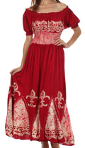 Sakkas Batik Fleur De Lis Embroidered Peasant Dress#color_Red/Cream