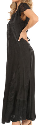Sakkas Marni Women's Casual Maxi Short Sleeve Stonewashed Long Caftan Dress Lace