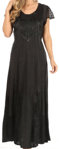 Sakkas Marni Women's Casual Maxi Short Sleeve Stonewashed Long Caftan Dress Lace#color_Black