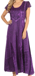 Sakkas Marni Women's Casual Maxi Short Sleeve Stonewashed Long Caftan Dress Lace#color_Purple