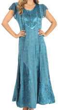 Sakkas Marni Women's Casual Maxi Short Sleeve Stonewashed Long Caftan Dress Lace#color_Turquoise