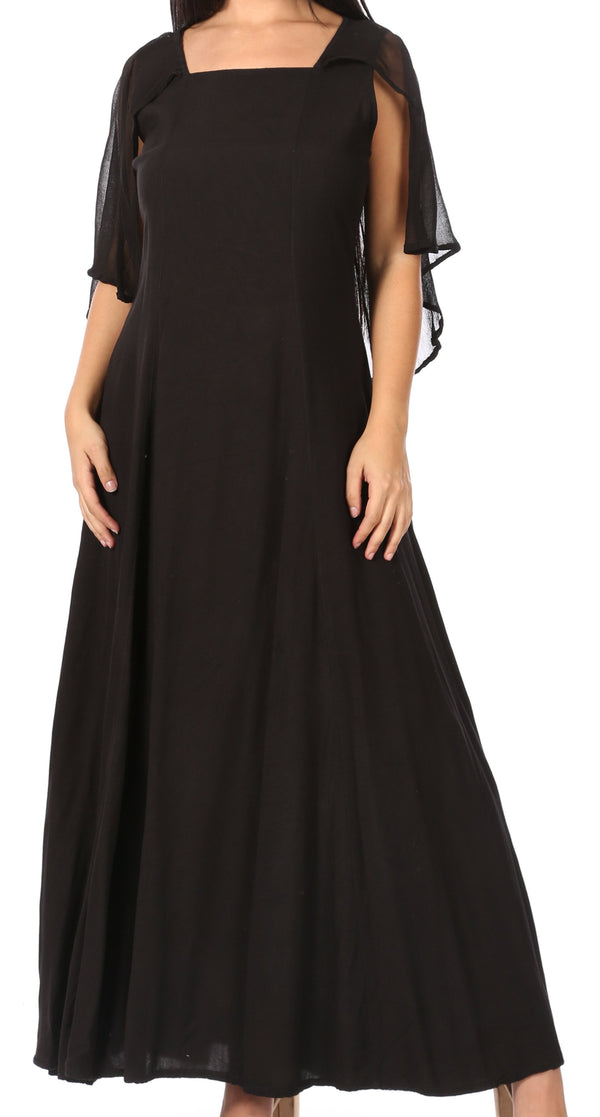 Sakkas Niam Women's Maxi Capelet Long Dress Celtic Medieval Renaissance Adjustable#color_Black