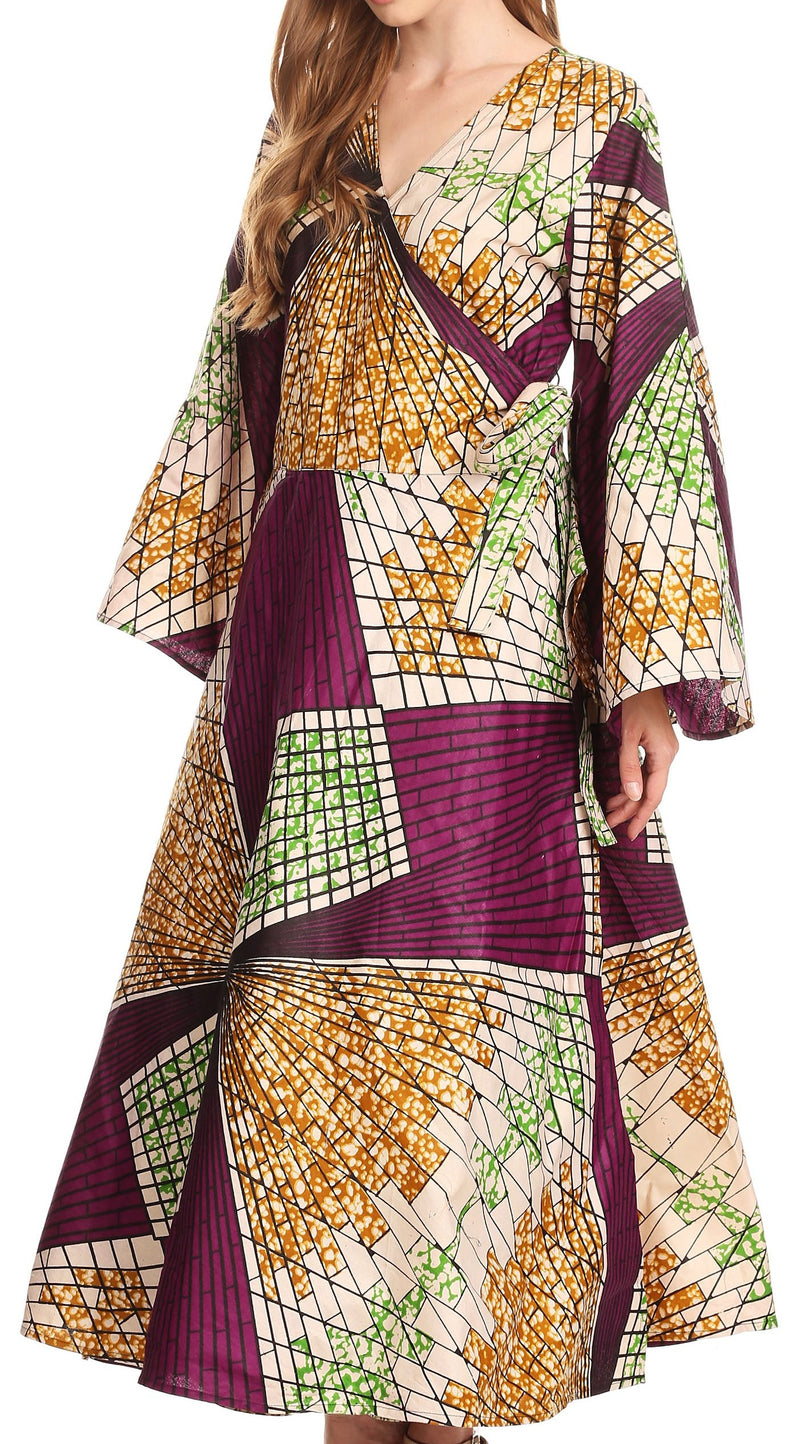 Sakkas Amina Long Wrap Around Bell Sleeve Full Circle Dress Ankara Wax African