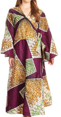 Sakkas Amina Long Wrap Around Bell Sleeve Full Circle Dress Ankara Wax African#color_Eggplant/mosaic 