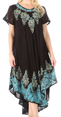 Sakkas Batik Hindi Cap Sleeve Caftan Dress / Cover Up#color_9-BlackTurquoise