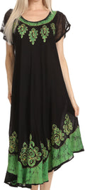 Sakkas Batik Hindi Cap Sleeve Caftan Dress / Cover Up#color_Black/Green