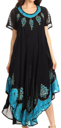 Sakkas Batik Hindi Cap Sleeve Caftan Dress / Cover Up#color_BlackTurquoise