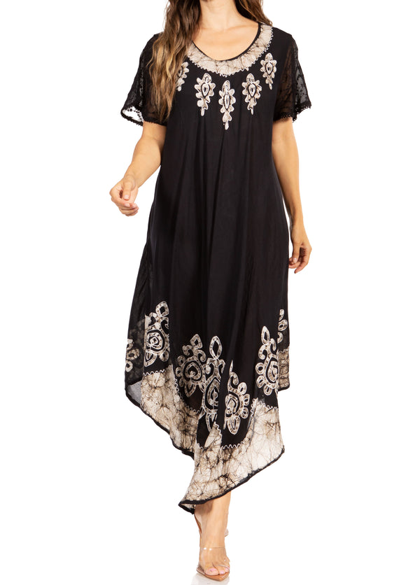 Sakkas Batik Hindi Cap Sleeve Caftan Dress / Cover Up#color_Black/White