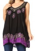 Sakkas Batik Embroidered V-Neck Sleeveless Blouse#color_Black/Purple