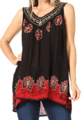 Sakkas Batik Embroidered V-Neck Sleeveless Blouse#color_Black/Red