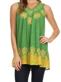 Sakkas Batik Embroidered V-Neck Sleeveless Blouse#color_Green/Yellow