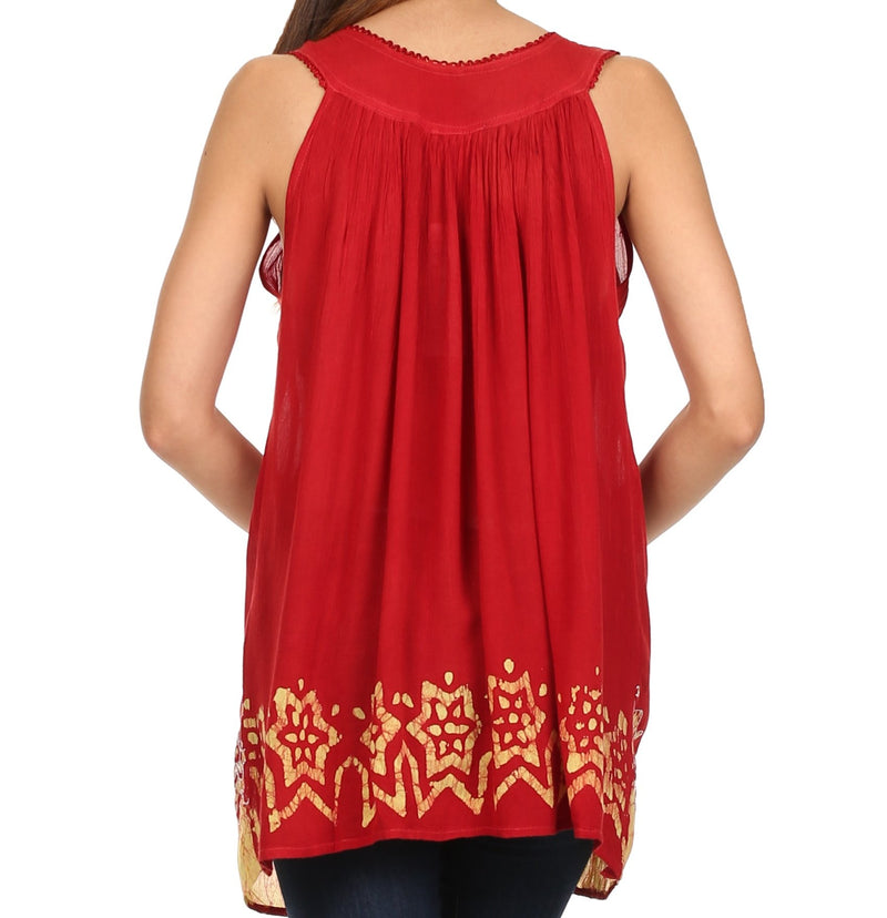 Sakkas Batik Embroidered V-Neck Sleeveless Blouse
