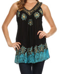 Sakkas Batik Embroidered V-Neck Sleeveless Blouse#color_Black/Turquoise