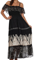 Sakkas Tiva Batik Embroidered Jacquard Off Shoulder Peasant Dress#color_Black/White