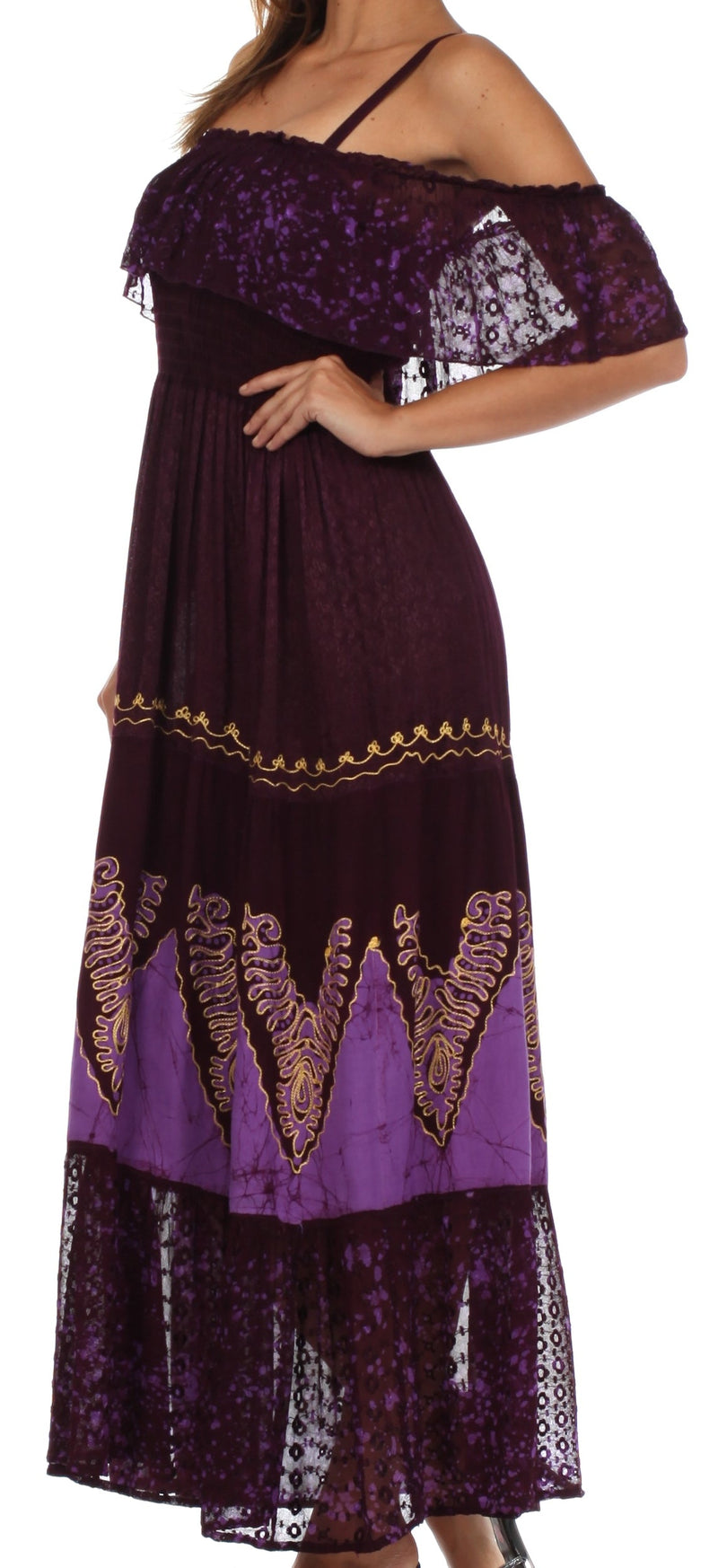 Sakkas Tiva Batik Embroidered Jacquard Off Shoulder Peasant Dress