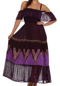 Sakkas Tiva Batik Embroidered Jacquard Off Shoulder Peasant Dress#color_Eggplant